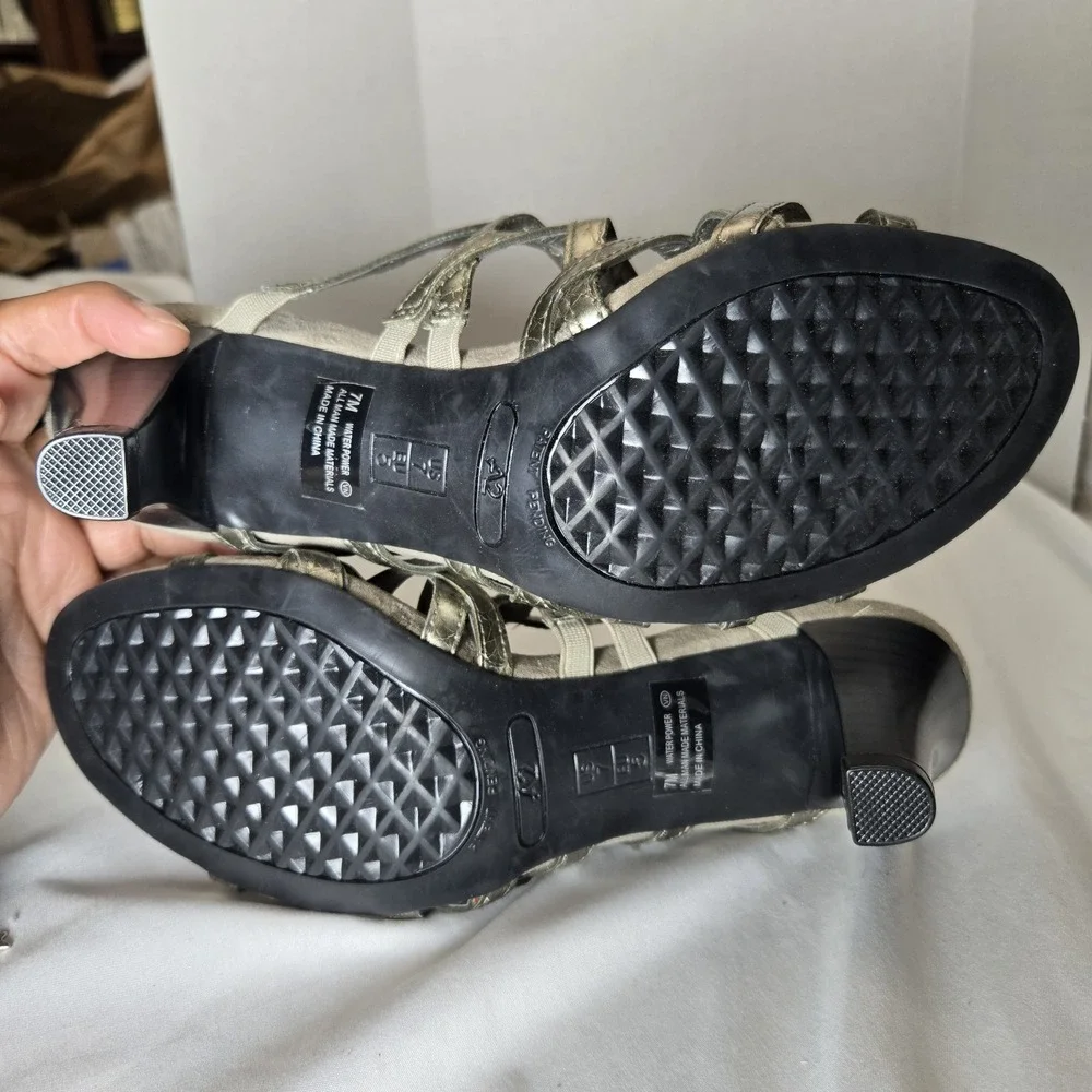 A2 Aerosoles Water Power Strappy Sandal Heels Womens 7 Pewter Silver‎ Neutral